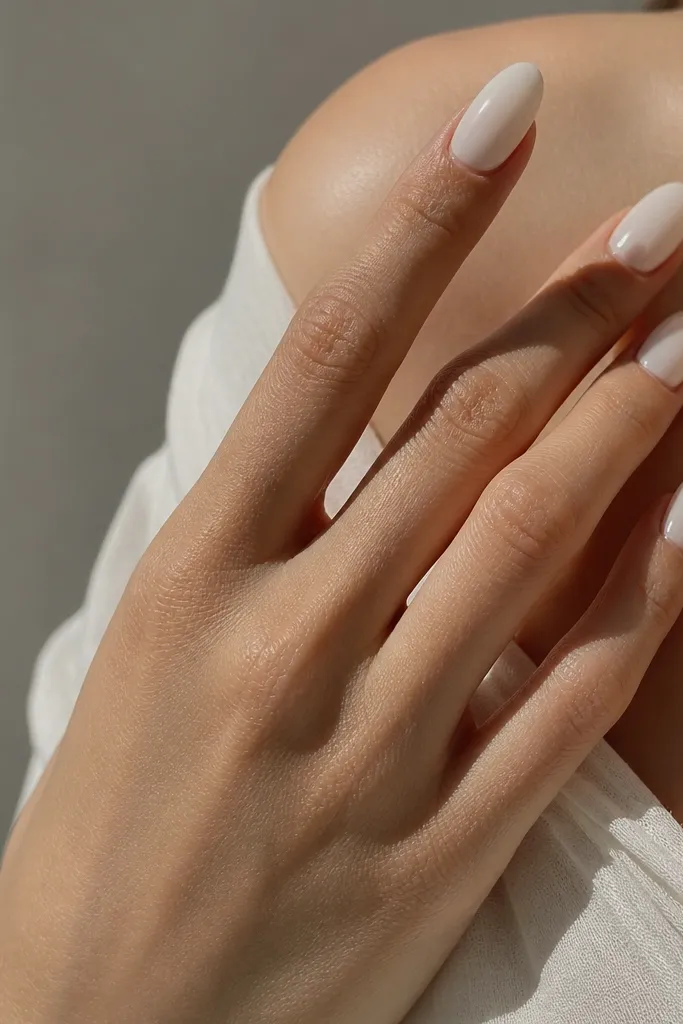 All nails are almond shaped in a creamy milk white. The finish looks glossy but soft, like satin light reflecting off a smooth surface.