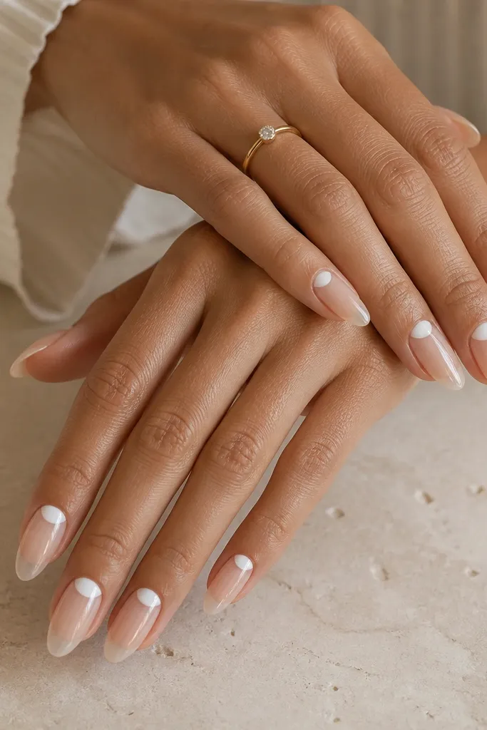 The nails are almond shaped. The base is clear with a milk white half-moon at the cuticle, leaving the rest transparent and glossy.