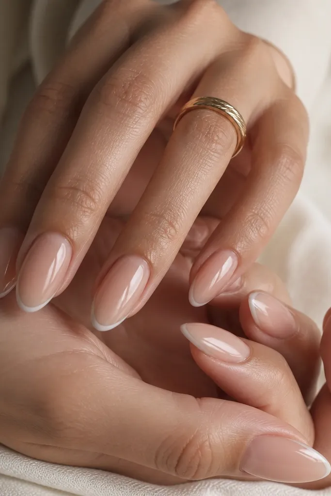 Almond nails with a sheer nude base. The tips have a very thin milk white line, like a fine pencil stroke, with a glossy finish.