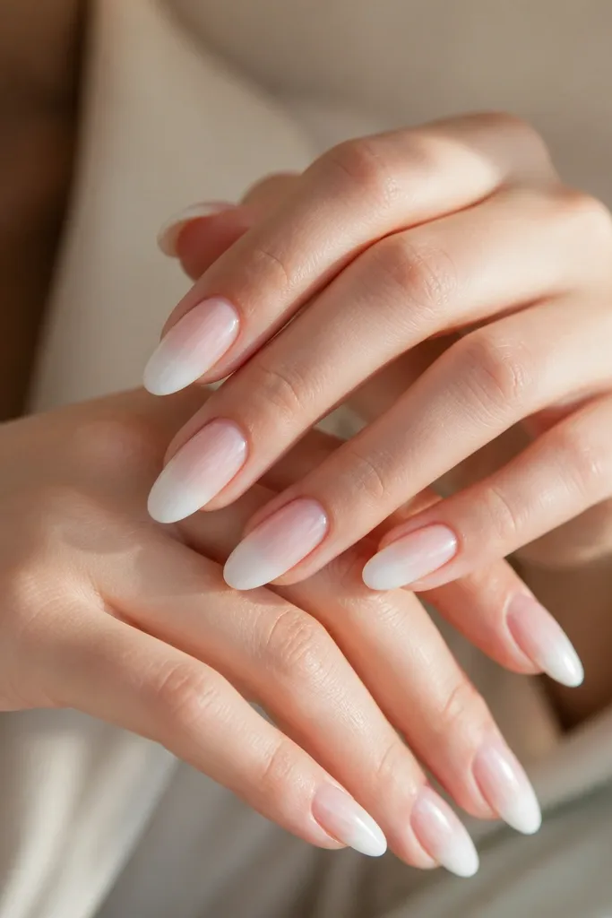 Almond nails with a sheer nude base fading into milk white. The white is strongest near the tip and softens toward the cuticle.