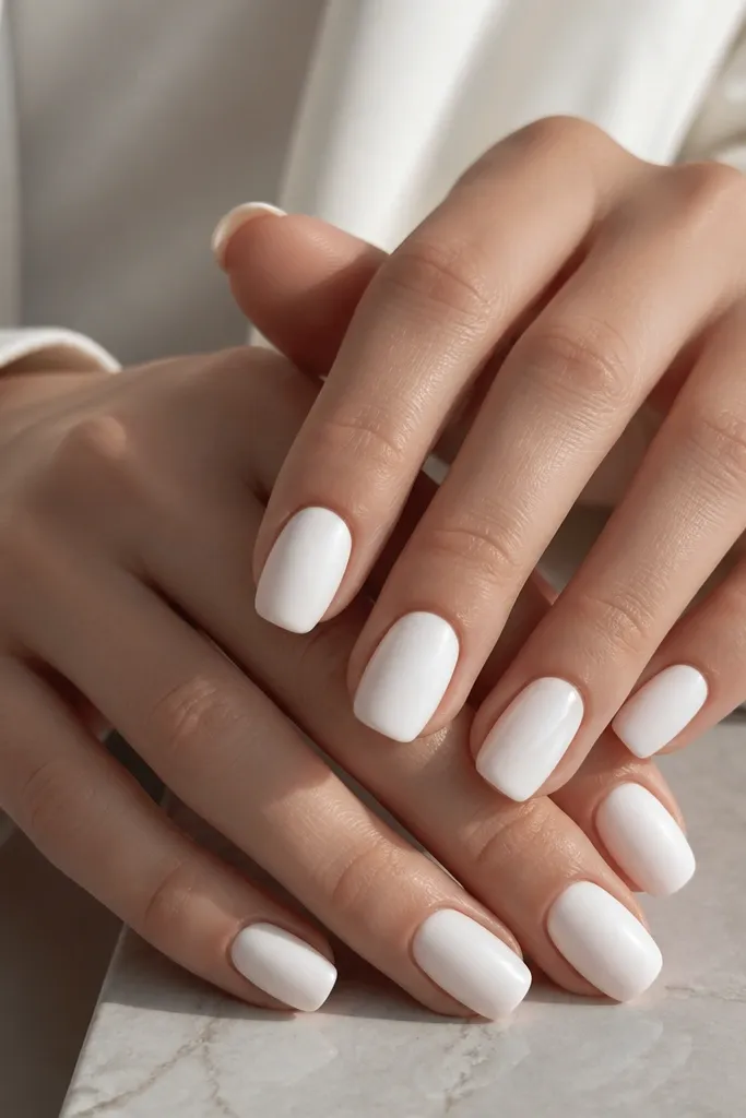 Most nails are matte milk white. One nail per hand has a glossy milk white top coat, catching light like a mirror.