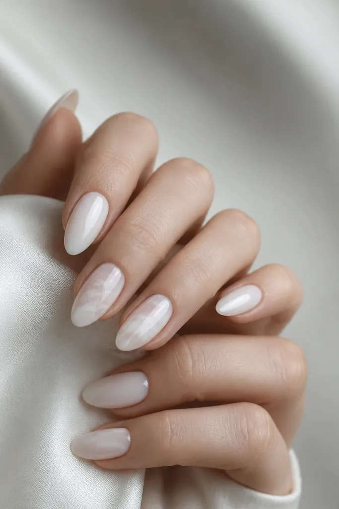Milk white almond nails with a faint gray-white cloud swirl on two accent nails. The swirl looks airy and wispy, not thick.
