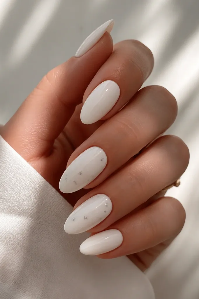 Milk white almond nails with a few tiny five-point star dots in pale silver on one or two nails. The rest is solid milk white.