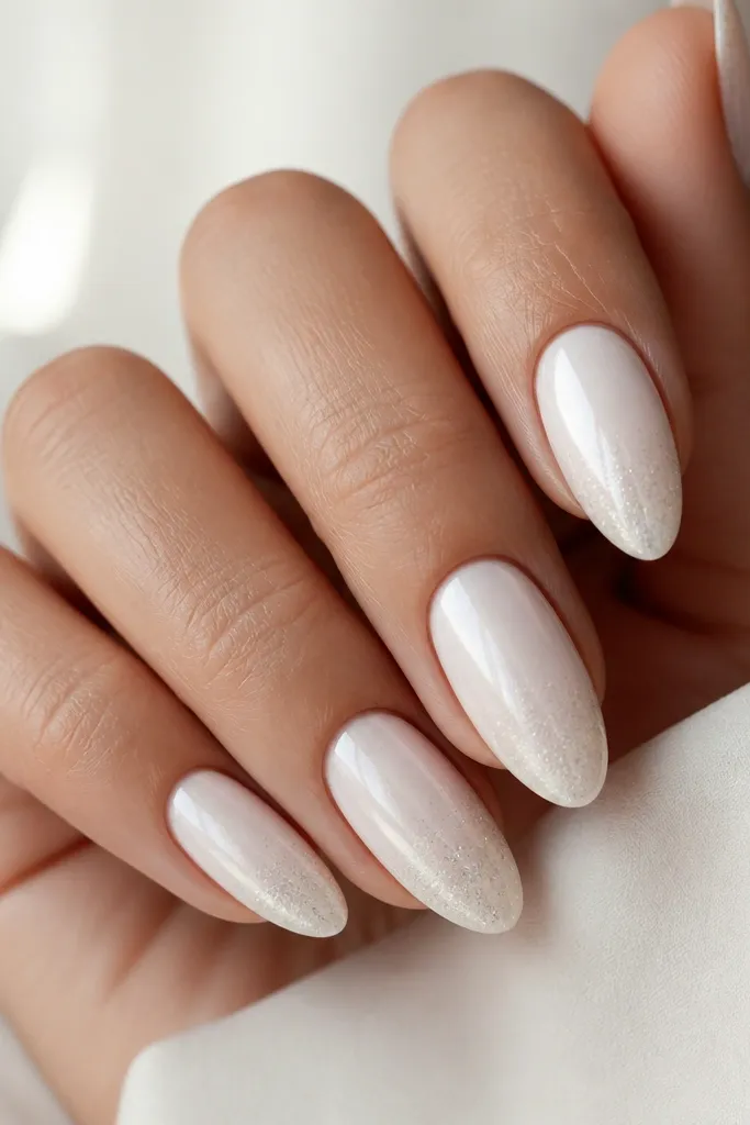 Almond nails that are milk white with a subtle pearly sheen. On the tips, there is a very fine glitter fade that stops before the center.