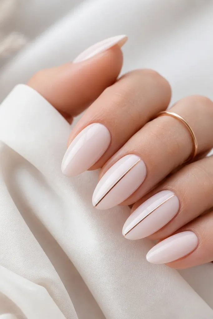 Milk white almond nails with a single thin rose-gold line running vertically down the center on two accent nails. The line is metallic and crisp.