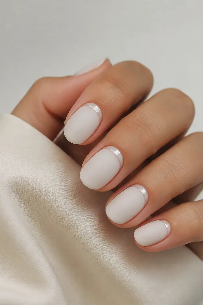 Most nails are matte milk white. A glossy halo ring sits right around the cuticle on each nail, forming a smooth bright circle.