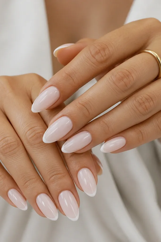 A full set of almond nails with a sheer milky white base. The tips are a very thin micro French line, slightly curved, with a glossy finish.