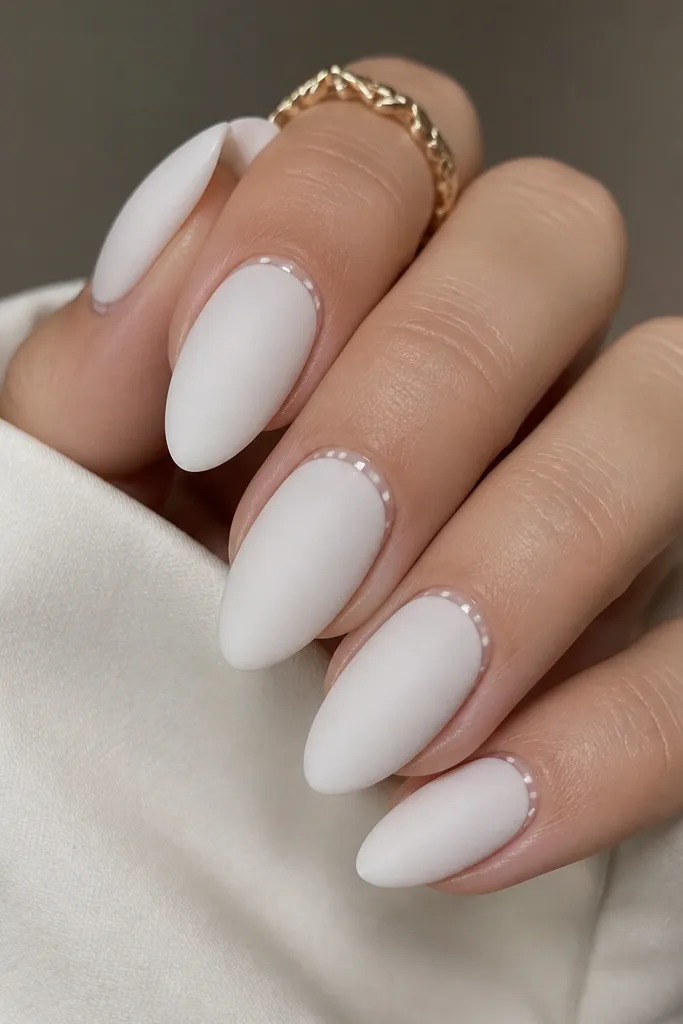 Almond nails with a matte milky white finish. A thin glossy ring sits around the cuticle on each nail, like a halo.