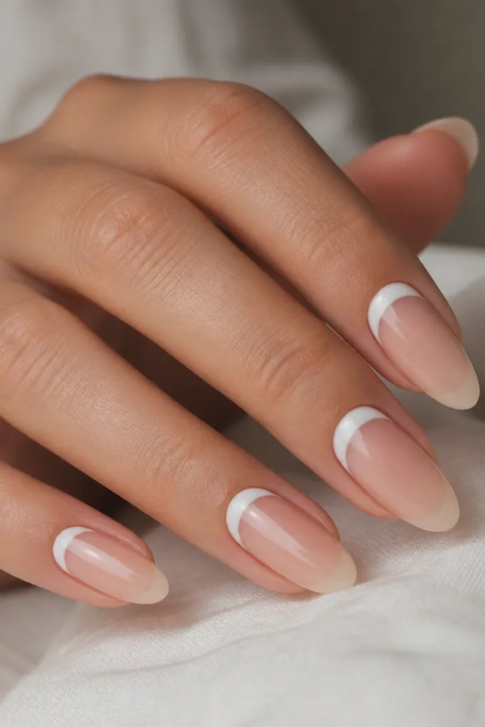 Almond nails with a milky white reverse French starting at the cuticle line. The center stays sheer/clear, and the tip is natural-looking.