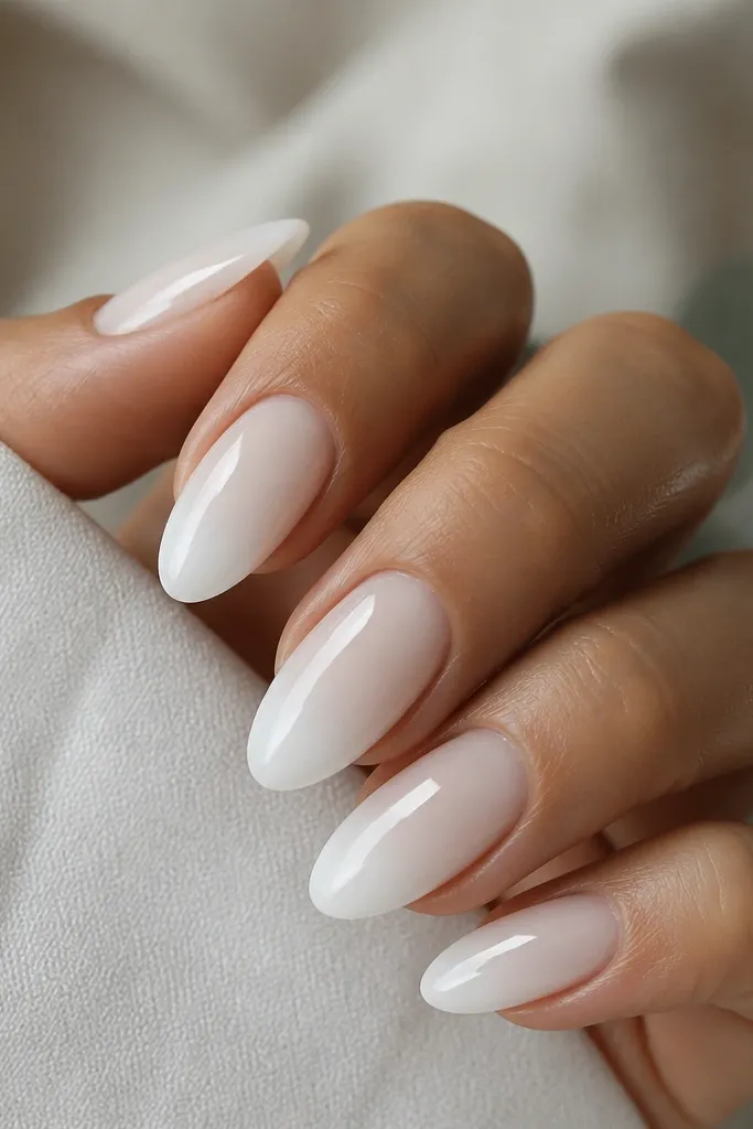 Almond nails where the base is sheer milky white and the tips fade into an even lighter, cloud-like white. Everything is glossy.