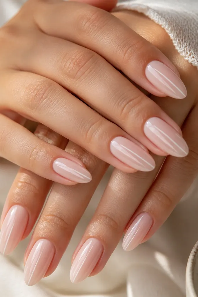 Almond nails with a nude-pink core. Thin milky white lines run vertically from near the cuticle to the tip, glossy and clean.