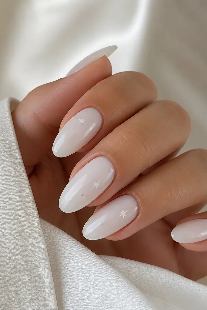 Milky white almond nails with a few tiny white star accents scattered near the center of one or two nails. Everything is glossy.