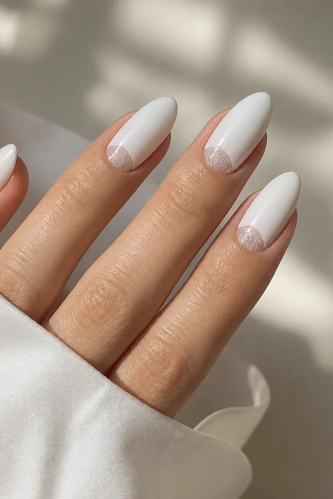 Almond nails with milky white full coverage. A half-moon near the cuticle is left clear, filled with fine clear sparkle.