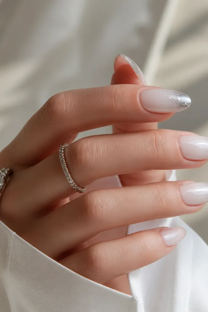 Almond nails with milky white base. The tips have a silver chrome fade that starts at the mid-tip and softens downward. Glossy finish.