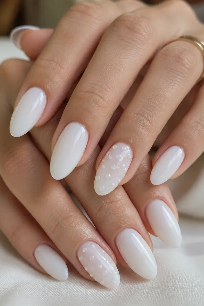 Milky white almond nails with tiny opal dots arranged like a loose grid on two accent nails. The dots are glossy and slightly raised.