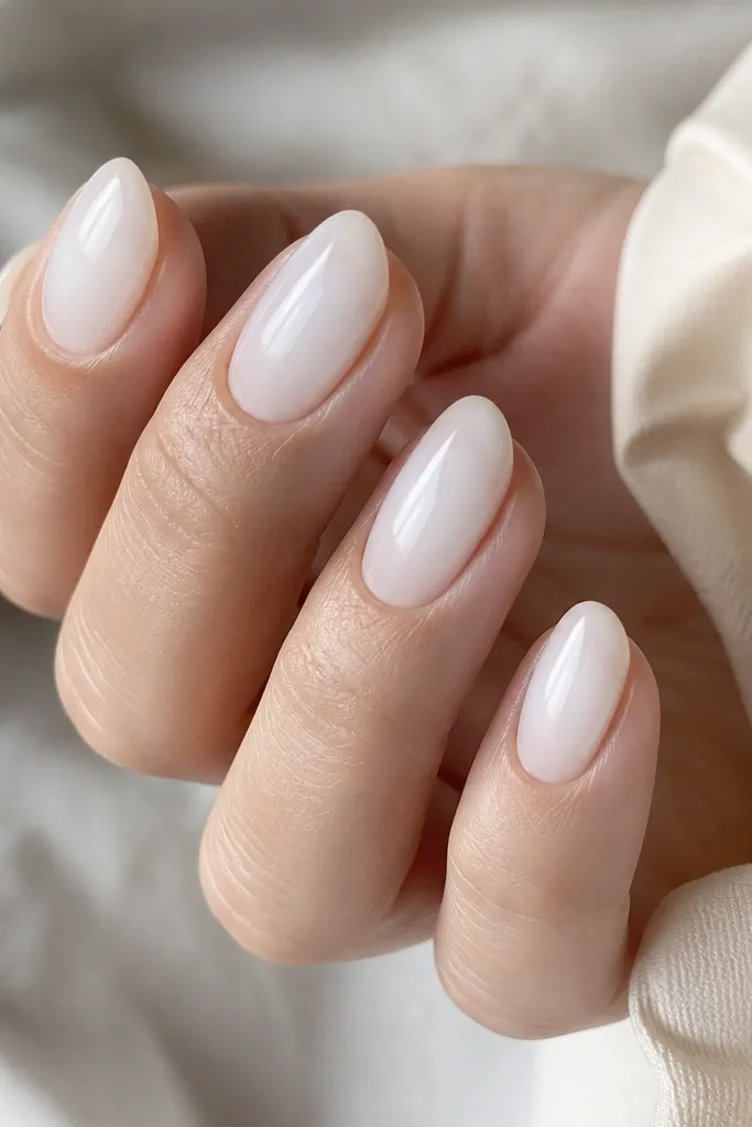 All nails are medium almond in a milky white jelly look. The surface is glassy and semi-translucent, with no lines or decals. Cuticles are clean and the white layer is evenly distributed.
