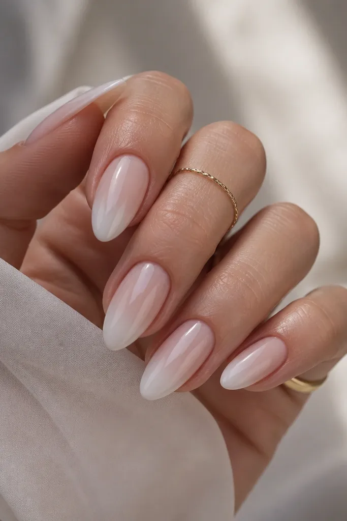 Almond nails with a sheer milky base. The tips are milky white in a French style, but the smile line is blended and slightly irregular, like a soft cloud. Glossy top coat, clean cuticles.