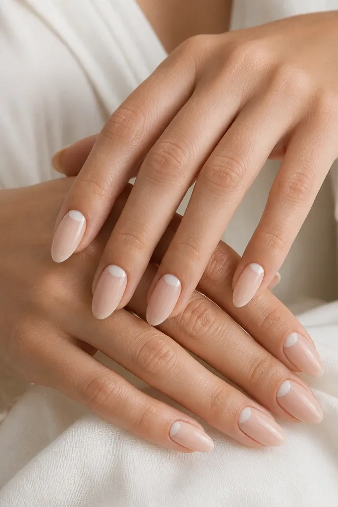 Each almond nail has a sheer nude base with a milky white half-moon at the cuticle. The half-moon is rounded and slightly translucent, with a glossy finish. No other decorations.