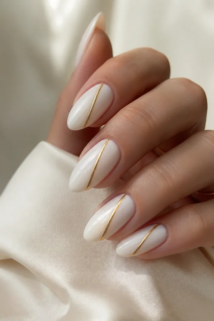 Milky white almond nails with a single thin gold line running diagonally from near one sidewall to the center. The line is metallic and crisp, with a glossy top coat.