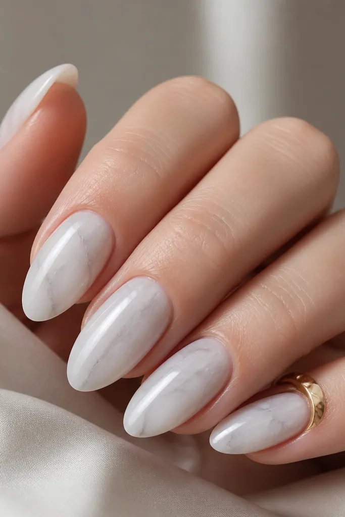 Milky white almond nails with faint, smoky gray marble lines that look like thin veining under frosted glass. The lines are subtle and irregular, with a high gloss finish.