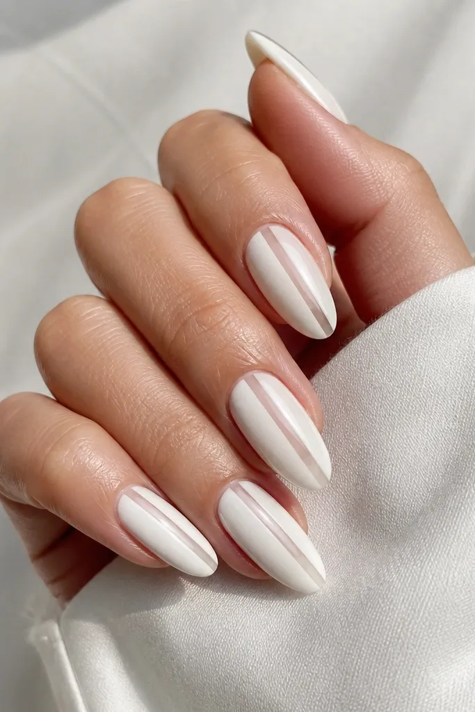 Almond nails with a milky white base and a clean vertical negative space stripe down one side. The stripe is clear with no color, bordered by milky white edges. Glossy top coat.