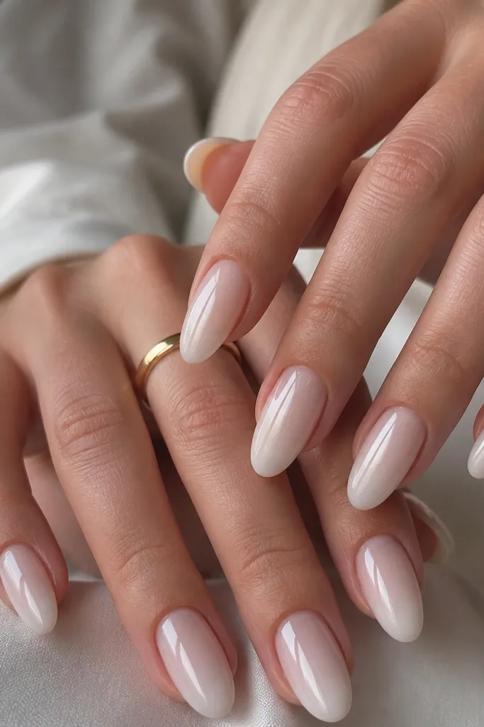 Milky almond nails with a brighter white aura around the tip area. The tip center is whiter, and the color fades outward into the milky base like a soft halo. Glossy finish.