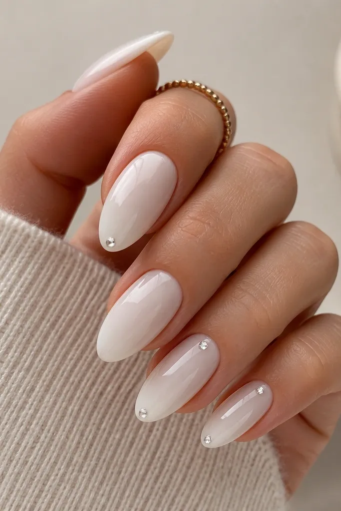 Milky white almond nails with a single clear crystal placed at the top corner of one side of the nail, near the tip. The rest is plain and glossy.