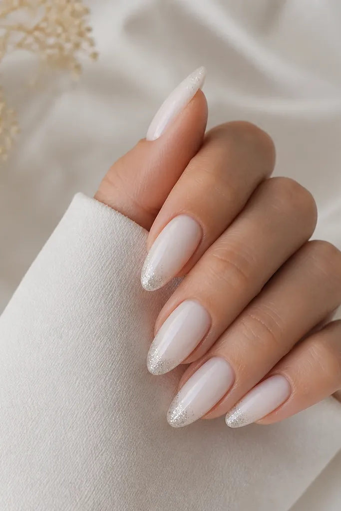Milky white almond nails with a thin glitter strip concentrated at the very tip. The glitter fades upward into the milky base, not across the whole nail. Glossy finish.