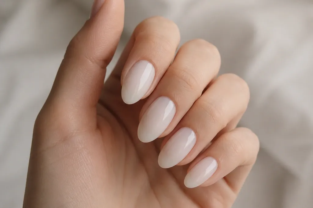 Milky white almond nails for beginners