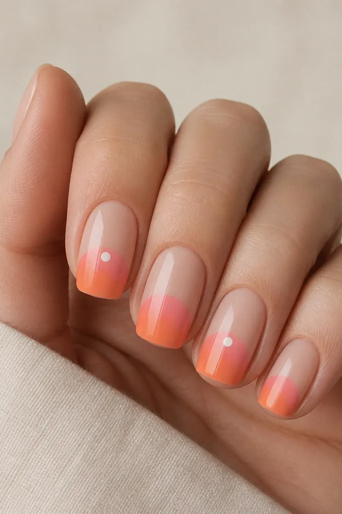 Four nails in a nude base with a clean half-moon sunset at the lower third: coral orange on the bottom edge blending into soft pink, glossy finish. Two nails have a tiny white dot at the center of the pink area.
