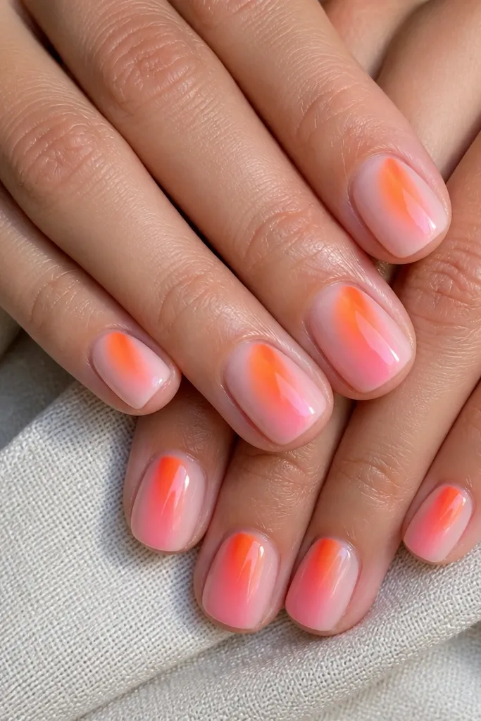 Short square nails with a milky nude base. A diagonal gradient stripe runs from near the cuticle down toward the tip on each nail, orange fading into peach and then into pale pink. Glossy finish with no extra lines.