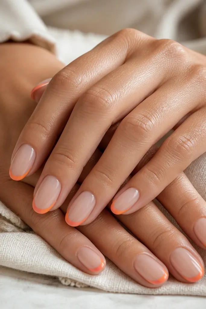 Nude nails with a classic thin French line near the tip. The French line is a bright orange that fades into tangerine and then a peach-pink near the outer edge. Glossy top coat.