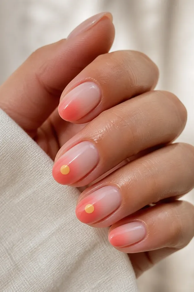 Nude nails with a soft coral fade along the lower third. Two accent nails have a small yellow circle with a faint halo near the center of the coral area. Glossy finish.