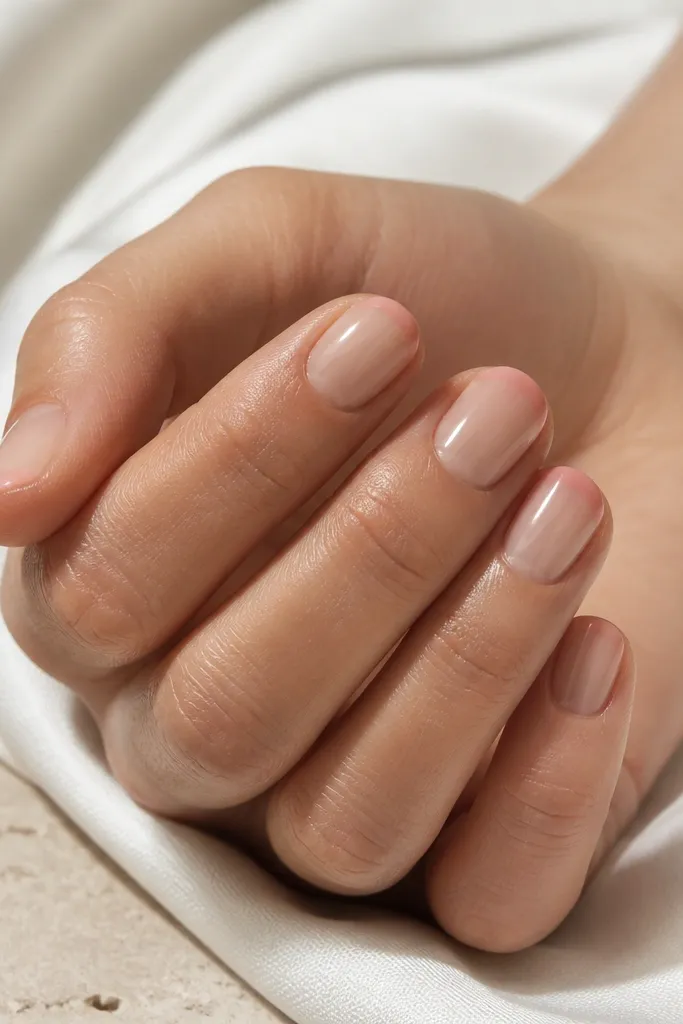 Short rounded nails in sheer nude. Only the last 2-3 mm of the tip has a micro ombre: peach fading into rose, with a glossy finish and no extra decoration.