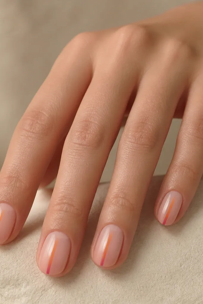 Nude nails where the cuticle area is left bare and glossy. A thin stripe of orange-to-pink gradient runs down the center of the nail, stopping short of the cuticle by about 1 mm.