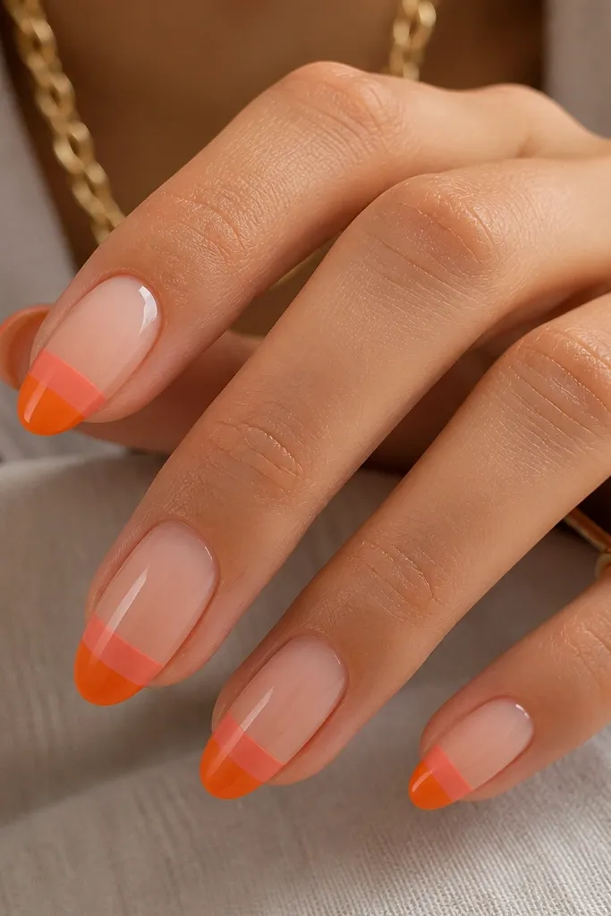 Almond nails with a glossy nude base. The bottom half-moon is split into two bands: bright tangerine at the very bottom and soft coral above it, both with a crisp boundary. No extra dots.