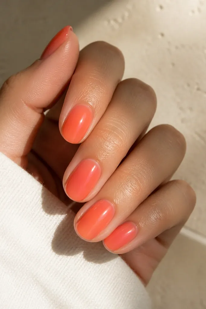 Nails look like sheer pink jelly over a warm orange base. The orange glows most at the center and fades toward the edges, with a jelly-like shine and no lines.