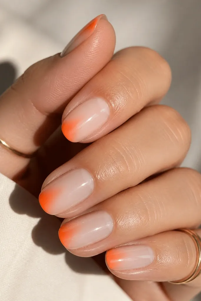 Muted nude nails with a hot orange fade only along one side of the tip. The orange starts at the outer edge and fades inward toward the center. Glossy finish.