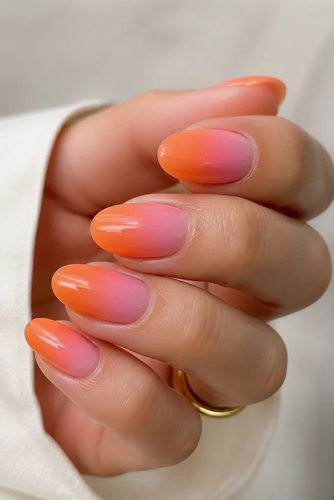 Ombre nails where pink and orange blend from mid-nail down to the tip, but the surface looks extra shiny and smooth like gel glass. No glitter, no lines.