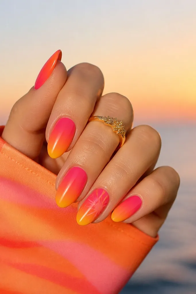 Minimalist modern sunset nails in bright color