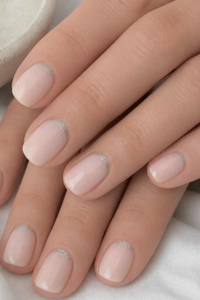 Short squoval nails in a milky pink nude. A thin crescent of fine silver micro-glitter sits right at the cuticle line on each nail, leaving the rest clean and glossy.