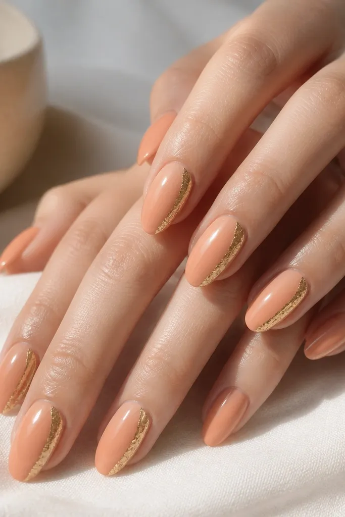 Medium almond nails in warm peach nude. A single vertical strip of champagne-gold foil wraps along one sidewall on each nail, with the rest glossy and plain.