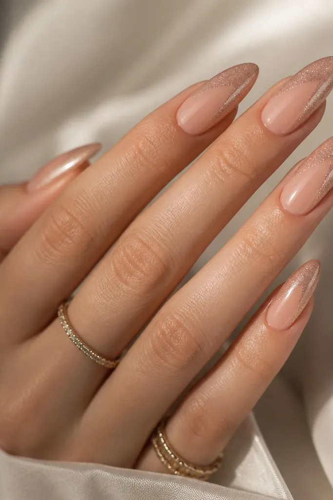 Stiletto-leaning almond nails in neutral rose nude. A diagonal band of champagne shimmer runs from mid-nail toward the tip, leaving the cuticle area clean.