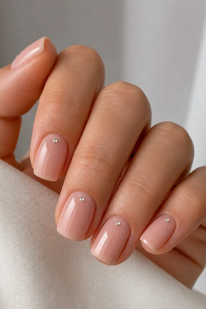 Short squoval nails in cool pink nude. One micro clear rhinestone sits exactly in the center of the cuticle on each nail, surrounded by glossy nude.