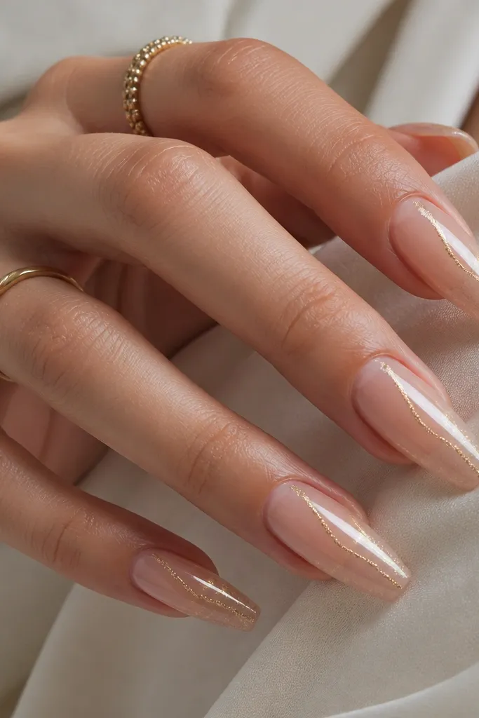 Medium coffin nails with a sheer nude jelly look. A thin gold glitter line snakes vertically down the center like a vein, with subtle shimmer fading outward.