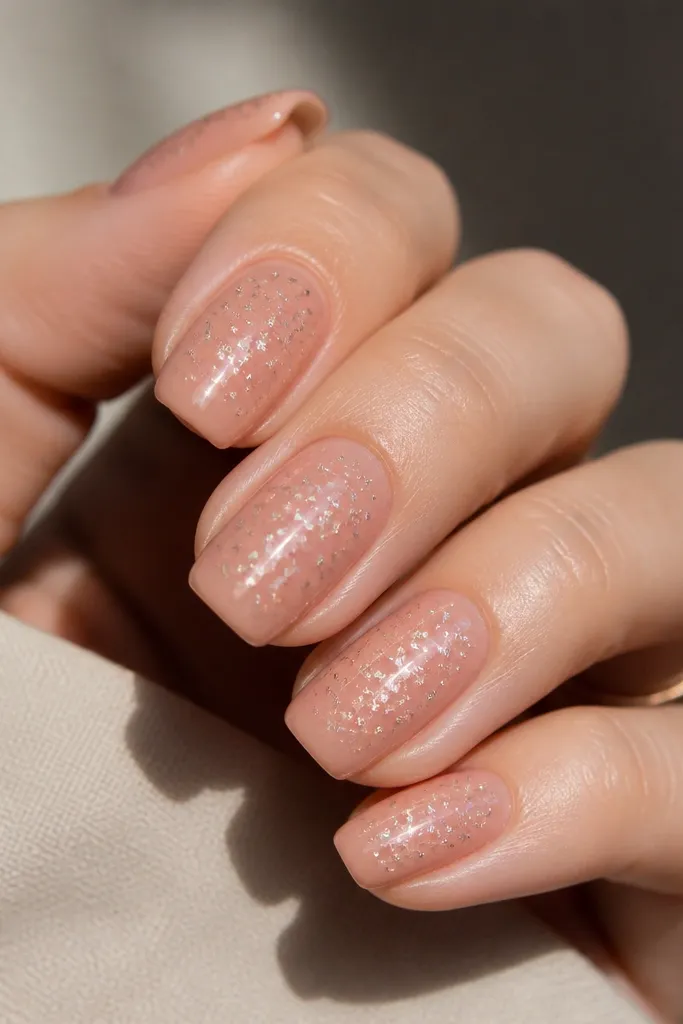 Medium squoval nails in soft rose nude. Scattered tiny star-shaped glitter dots float across the nail surface, heavier near the center and lighter toward the edges.