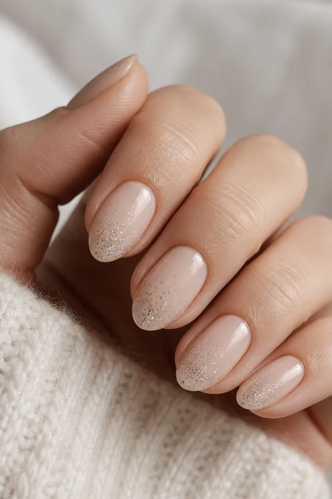 Short almond nails in beige nude. Fine silver confetti specks fade from the mid-nail toward the tip, with the cuticle area mostly clear.