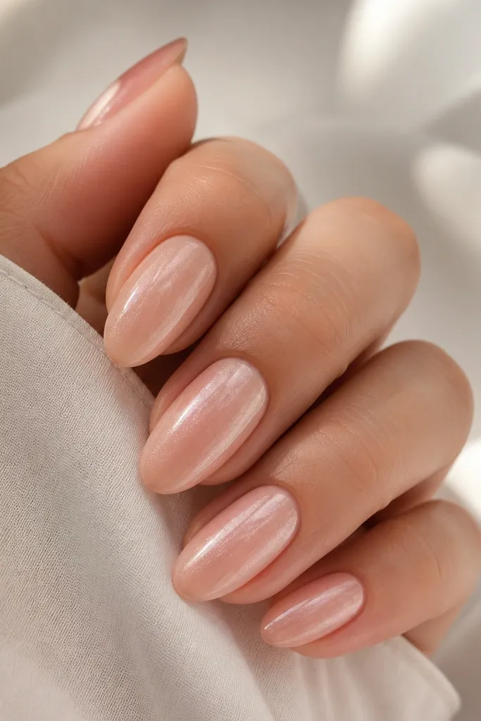 Medium almond nails with a soft pink nude base. A subtle nude chrome dust effect spreads evenly, catching light like pearl powder without big glitter chunks.