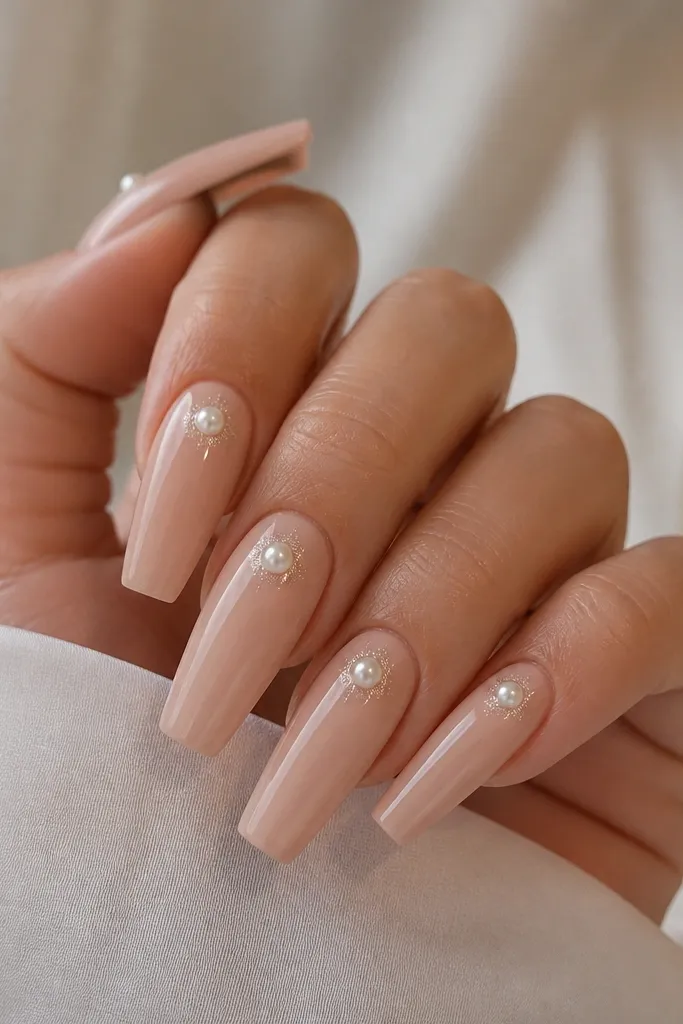 Long coffin nails in classic nude (pink-beige). A single small 3D pearl sits near the sidewall halfway up the nail, with tiny micro-glitter around it.