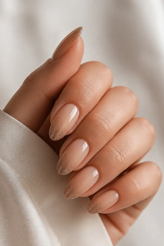 Medium almond nails with nude ombré. The base is lighter near the cuticle, transitioning to a slightly deeper nude toward the tip with a soft silver sparkle shadow at the very edge.